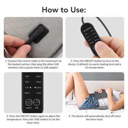 USB Electric Heated Seat Cushion with 4 Heat & Timer Settings – Portable Warm Chair Pad for Car, Office & Home
